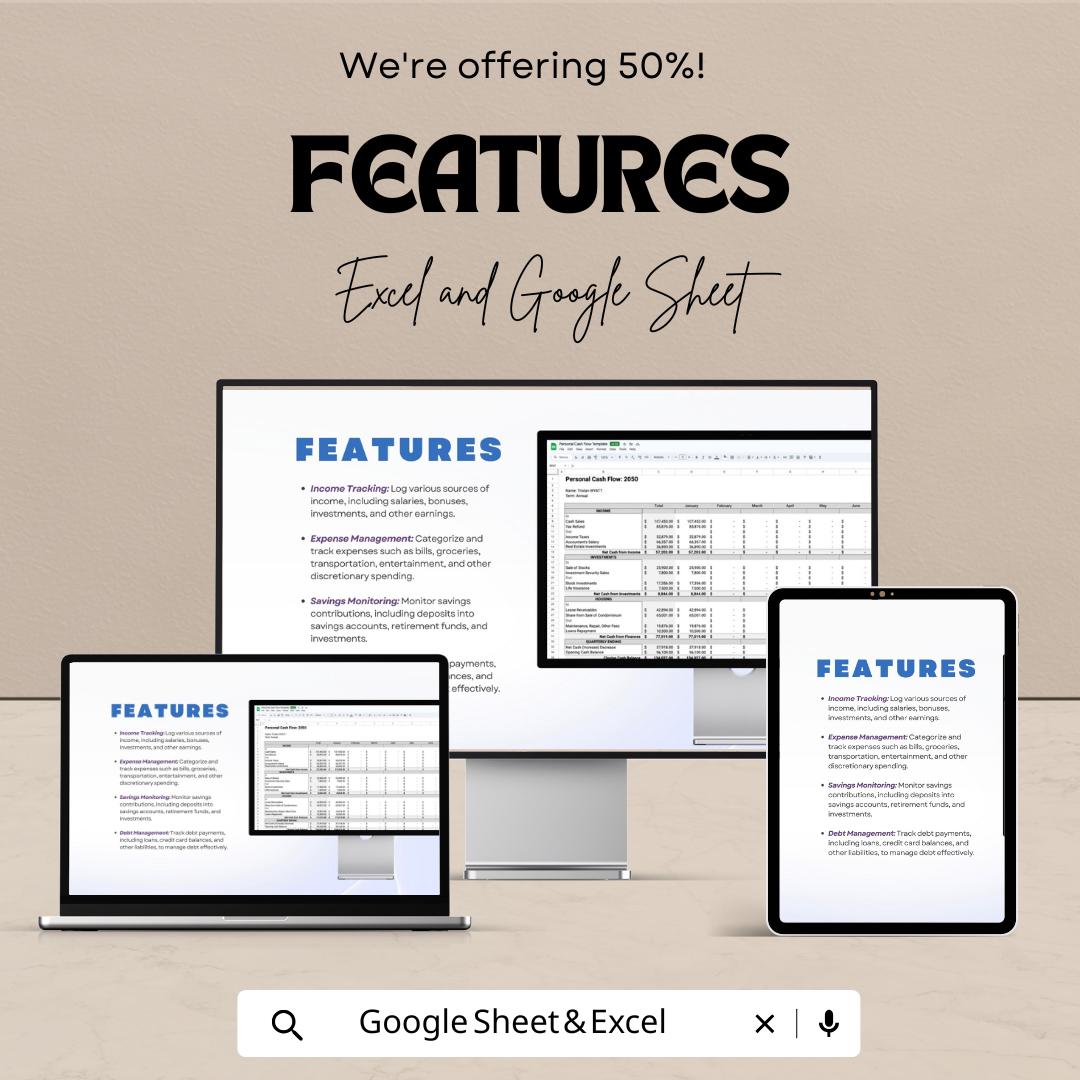 Personal Cash Flow Sheet | Monthly Budget Tracker Excel & Google Sheet | Income Expense Planner | Financial Spreadsheet Template