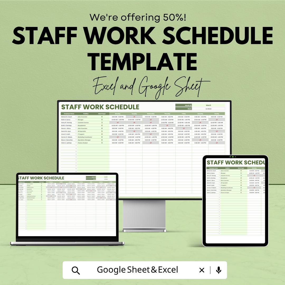 Staff Work Schedule Template | Employee Shift Planner | Staff Roster Spreadsheet | Work Schedule Planner | Weekly Staff Schedule