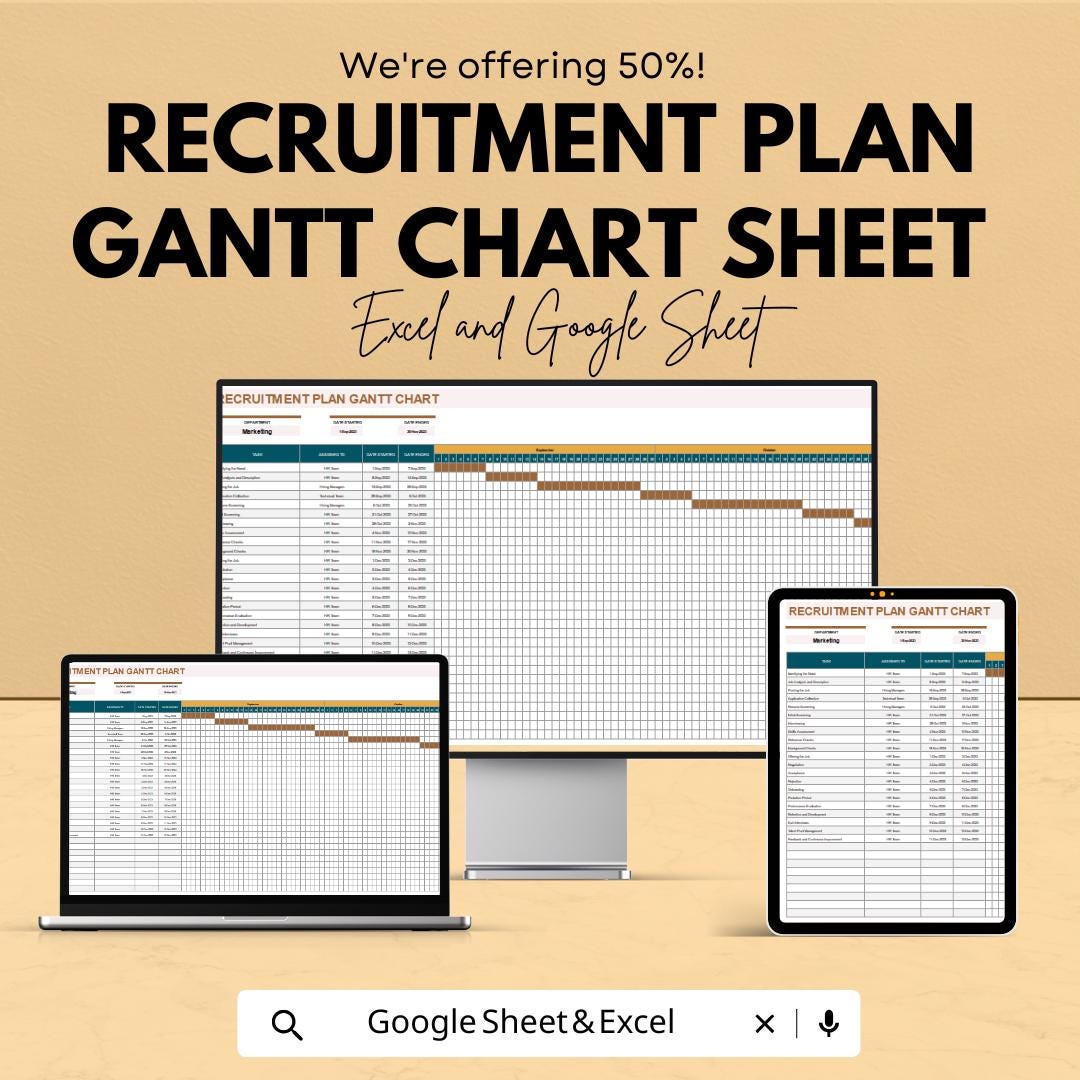 Recruitment Plan Gantt Chart Sheet - Excel and Google Sheets Template for Effective Hiring & Task Management