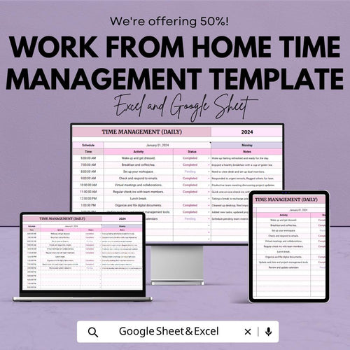 Work From Home Time Management Template | Daily Weekly Monthly Planner |  Productivity Tracker | Remote Work Schedule Planner