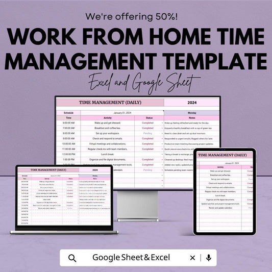 Work From Home Time Management Template | Daily Weekly Monthly Planner |  Productivity Tracker | Remote Work Schedule Planner