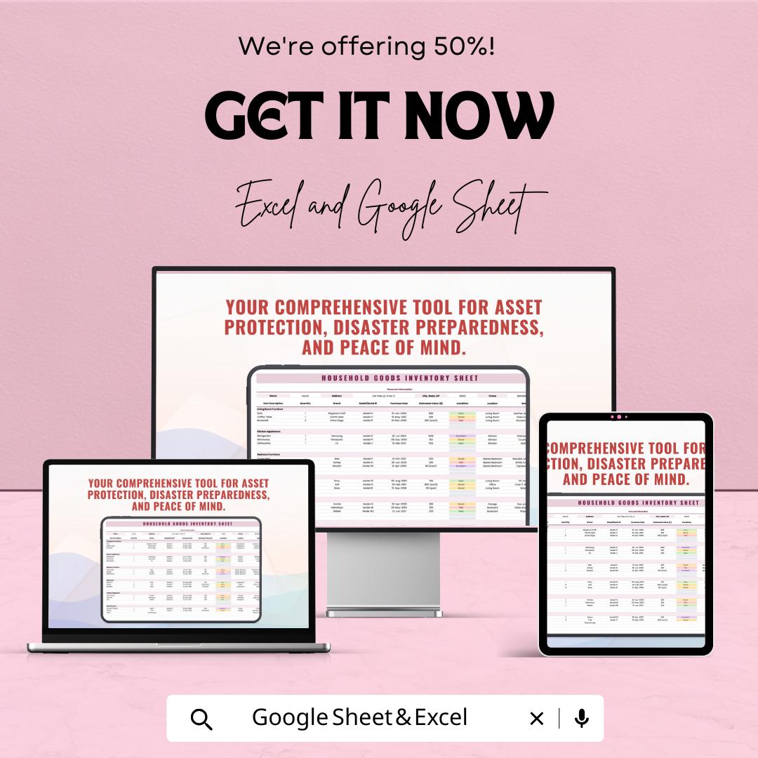 Household Goods Inventory Sheet - Track Your Belongings for Asset Protection, Disaster Preparedness, and Insurance Purposes - Google Sheet