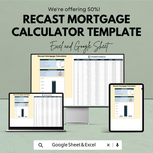 Recast Mortgage Calculator Template | Loan Recast Calculator | Mortgage Payment Reduction Planner | Amortization Spreadsheet