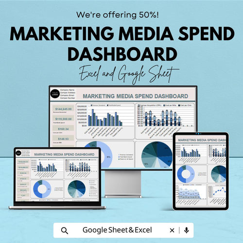Marketing Media Spend Dashboard | Excel & Google Sheets | Marketing Budget Tracker | Media Spend Metrics | Marketing Analytics Template