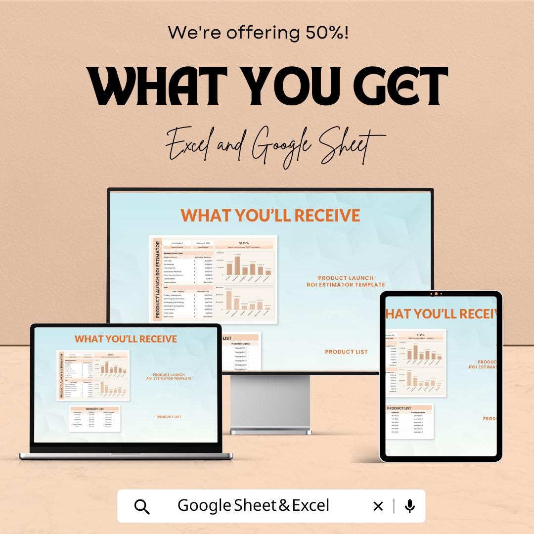 Product Launch ROI Estimator Template | Return on Investment Calculator | Business Planning Spreadsheet | Excel & Google Sheets