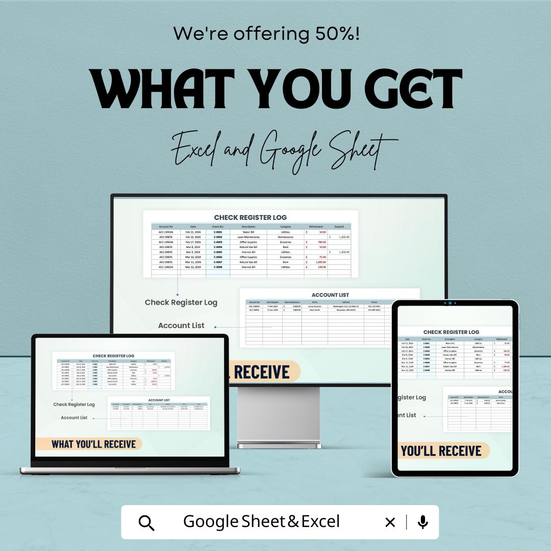 Printable Check Register Template | Checkbook Register | Bank Ledger | Expense Tracker | Account Balance Log | Editable Spreadsheet