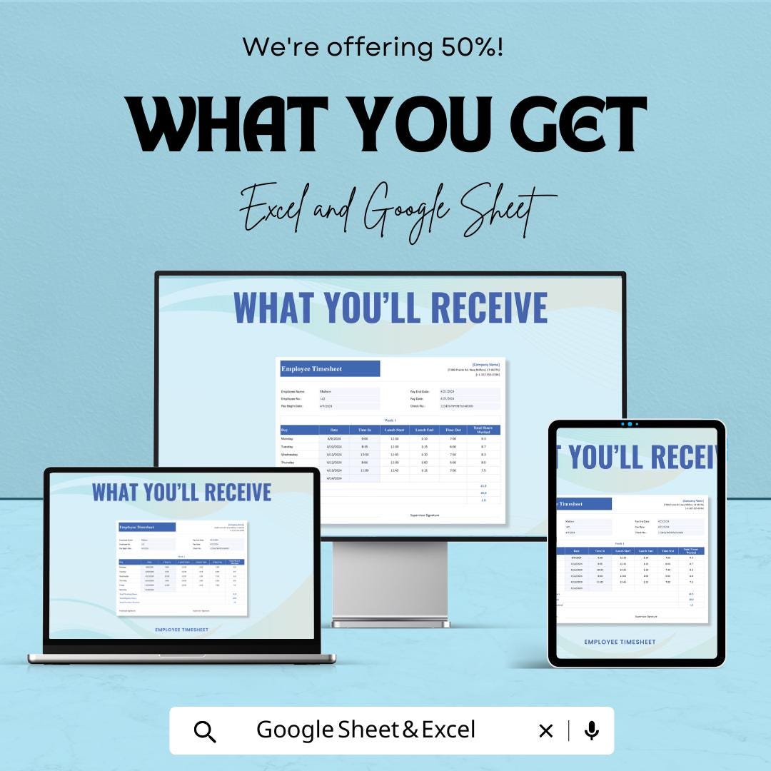 Employee Timesheet Template | Excel & Google Sheets | Time Tracker for Work Hours | Overtime Calculator | Instant Download