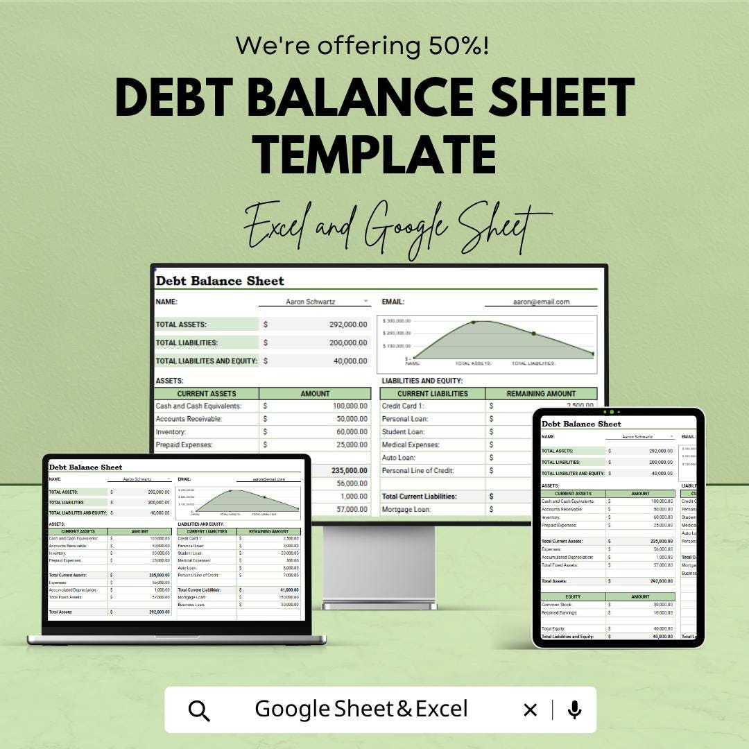 Debt Balance Sheet Template | Personal Finance Spreadsheet | Asset & Liability Tracker | Google Sheets | Financial Statement Planner