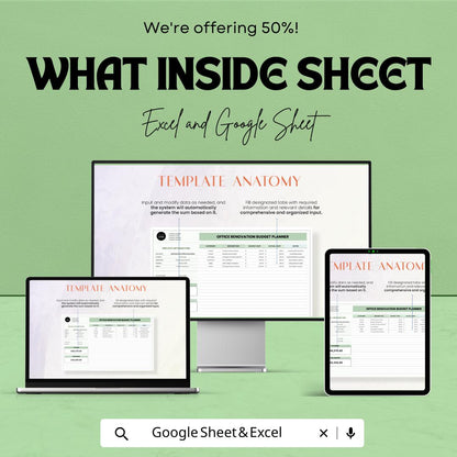Administration Office Renovation Budget Planner Template | Office Remodel Budget Spreadsheet | Excel & Google Sheets