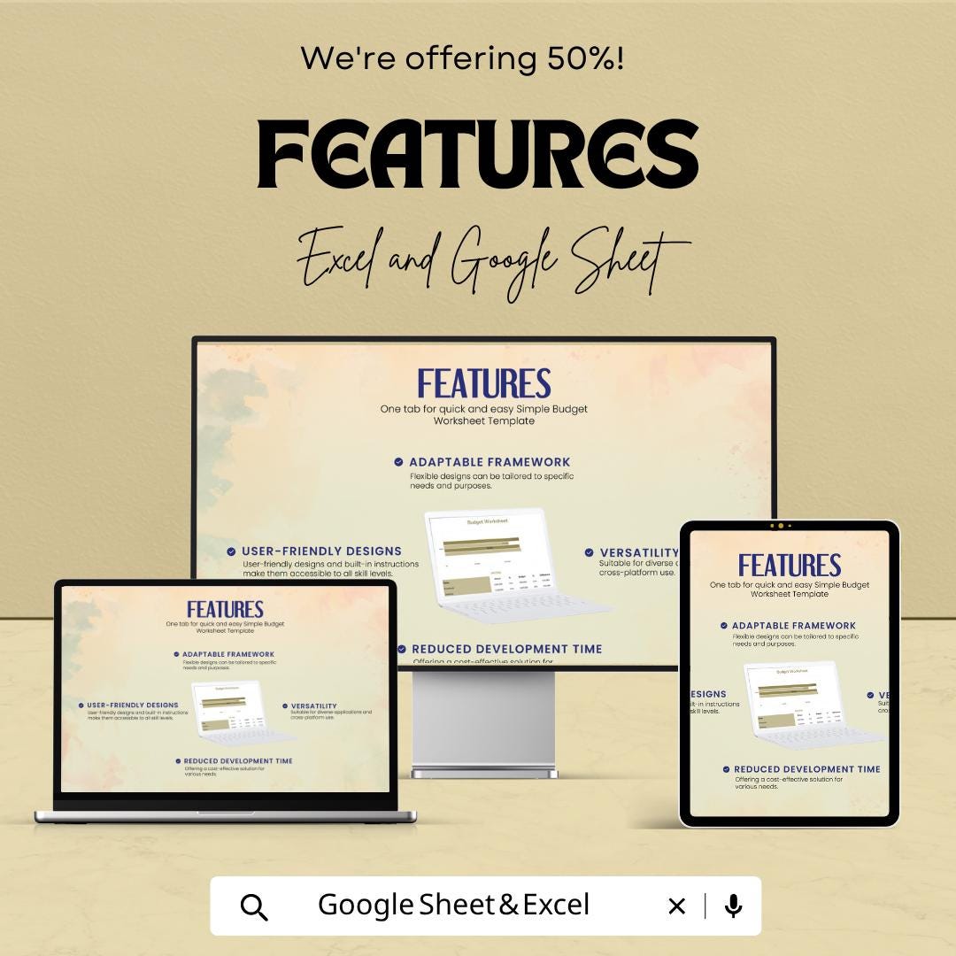 Simple Budget Worksheet Template Excel Google Sheets | Monthly Budget Planner Spreadsheet | Personal Finance Tracker | Income Expense Budget
