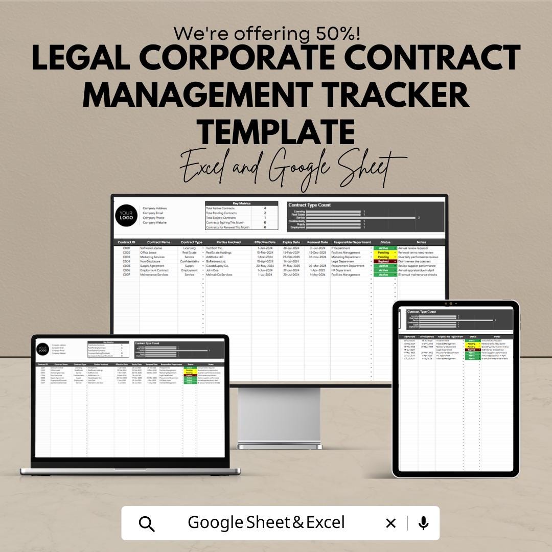 Corporate Contract Tracker Template, Legal Contract Management System, Law Office Contract Organizer, Excel & Google Sheets Contract Tool