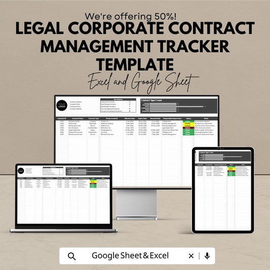 Corporate Contract Tracker Template, Legal Contract Management System, Law Office Contract Organizer, Excel & Google Sheets Contract Tool