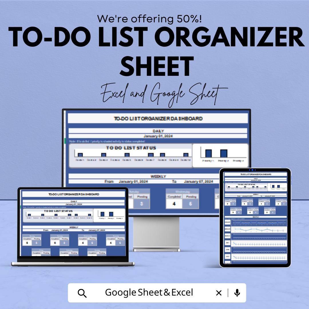 To-Do List Organizer Sheet | Daily and Weekly Planner | Task Management Template | Excel & Google Sheet | Printable To-Do List Planner