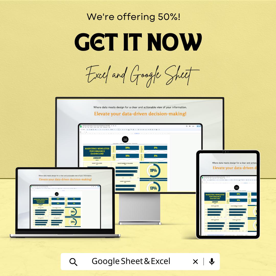 Marketing Newsletter Performance Dashboard | Track Email Campaign Metrics | Excel & Google Sheet Template | Monthly Reporting Tool