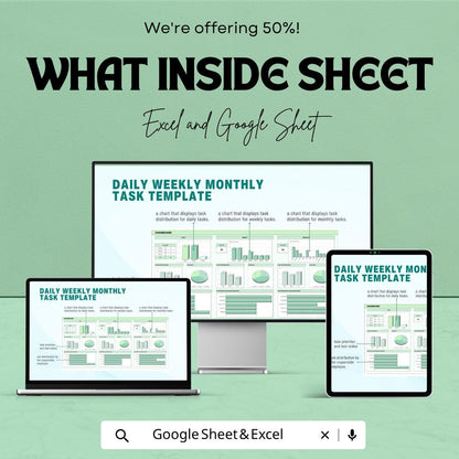 Daily Weekly Monthly Task Template | Google Sheets Planner | Excel Task Tracker | Productivity Dashboard | Project Management Spreadsheet