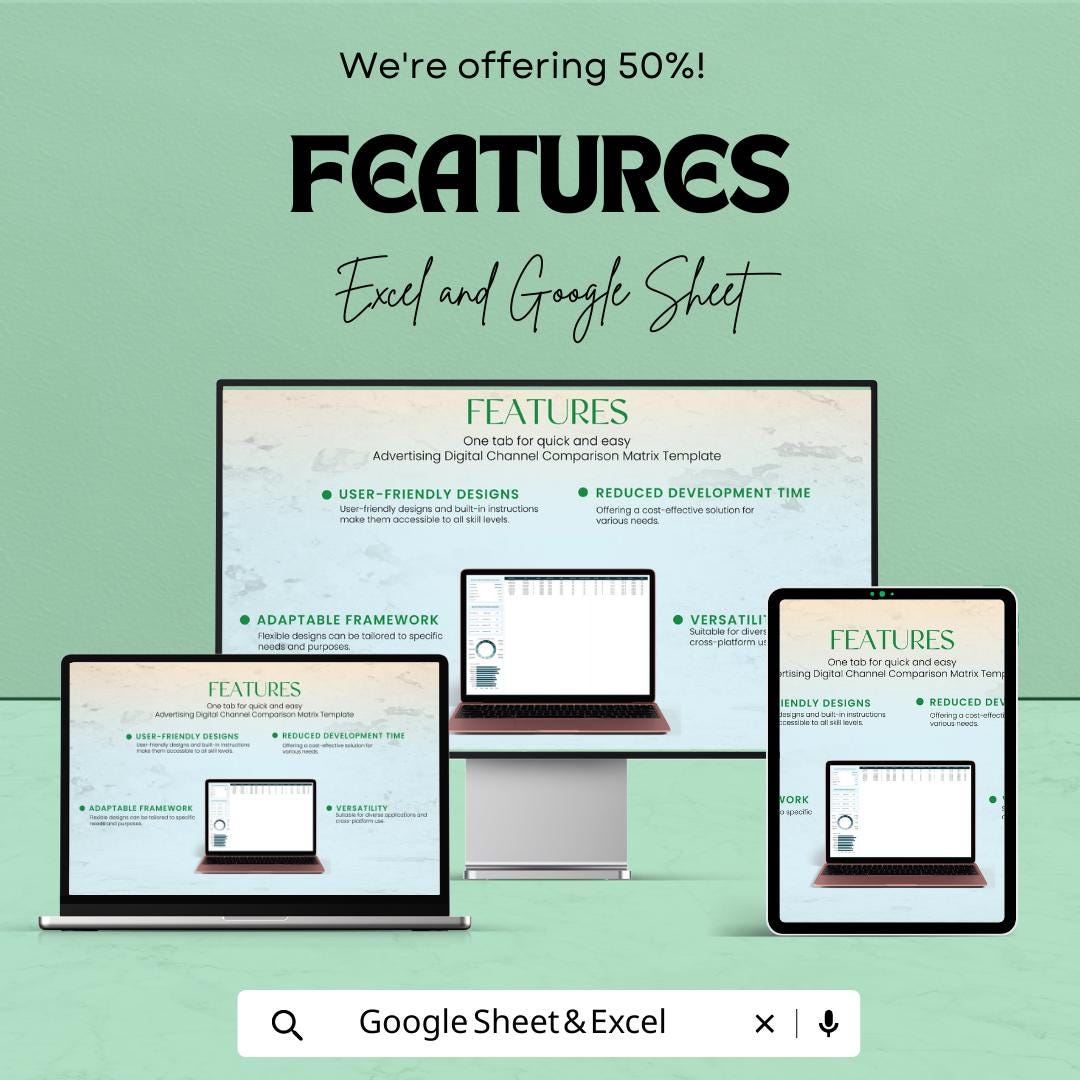 Advertising Digital Channel Comparison Matrix Template, Marketing Channel Comparison Tool, Digital Ads Performance Tracker