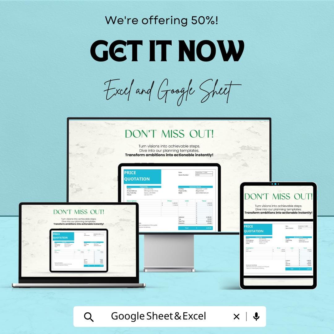 Sample Price Quotation Template | Excel & Google Sheets | Business Quote Sheet | Price Estimate Form | Editable Invoice Format