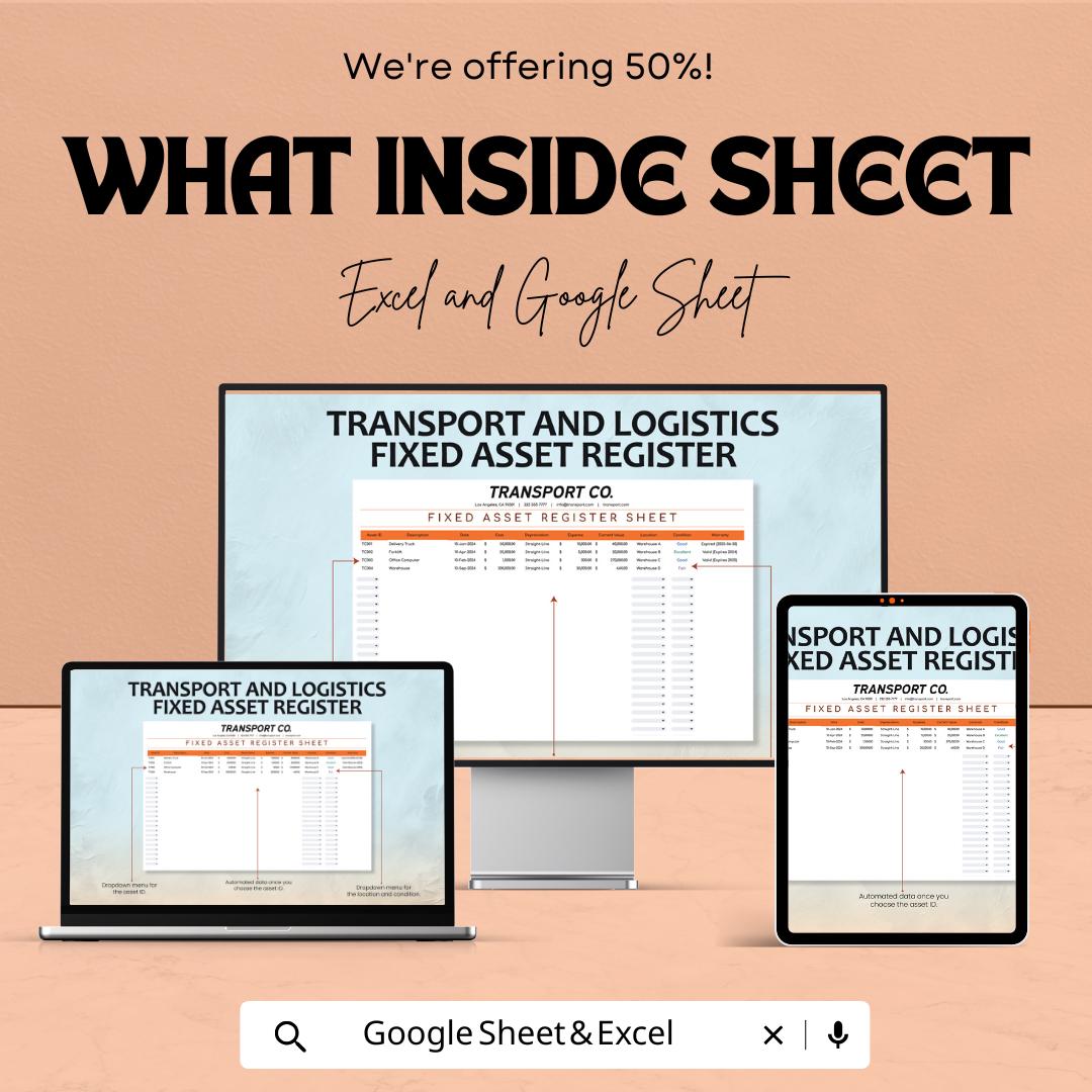 Transport and Logistics Fixed Asset Register Template | Asset Tracking Spreadsheet | Fleet and Equipment Register | Excel and Google Sheets