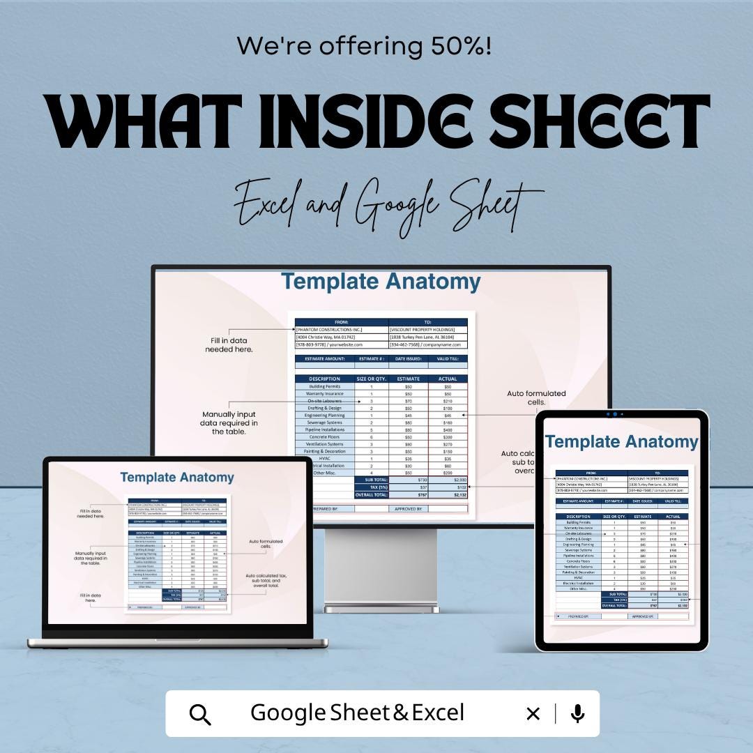 General Construction Estimate Template | Construction Cost Spreadsheet | Building Estimate Template | Excel & Google Sheets |
