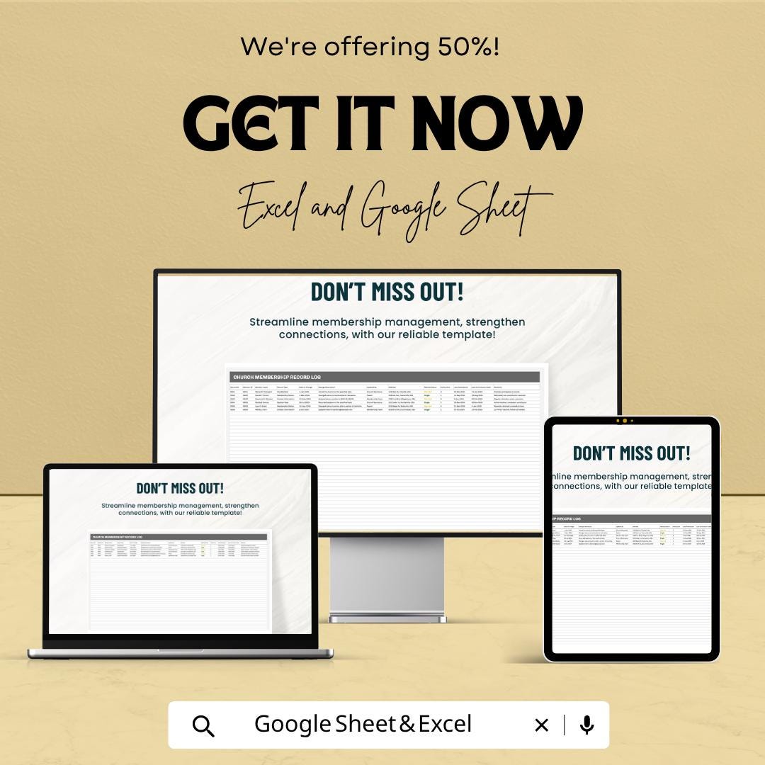 Church Membership Record Log Template | Church Member Tracker Spreadsheet | Excel & Google Sheets Template | Ministry Management