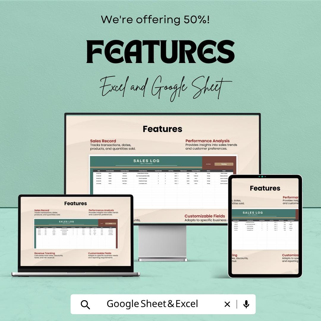 Small Business Sales Log Template Excel | Sales Tracker Spreadsheet Google Sheets | Sales Record Tracker | Revenue Tracking Sheet |