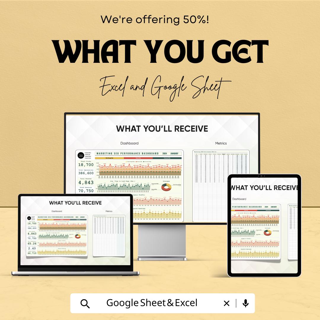 Marketing SEO Performance Dashboard | SEO Dashboard Excel & Google Sheet | SEO Tracking Template | Marketing Metrics Tracker |