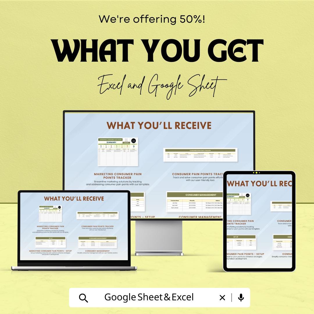 Marketing Consumer Pain Points Tracker Sheet | Customer Feedback Template | Excel & Google Sheets | Marketing Strategy Tool