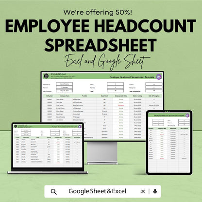 Employee Headcount Spreadsheet Template | Track Staff, Department & Employment Details | Google Sheets and Excel Compatible