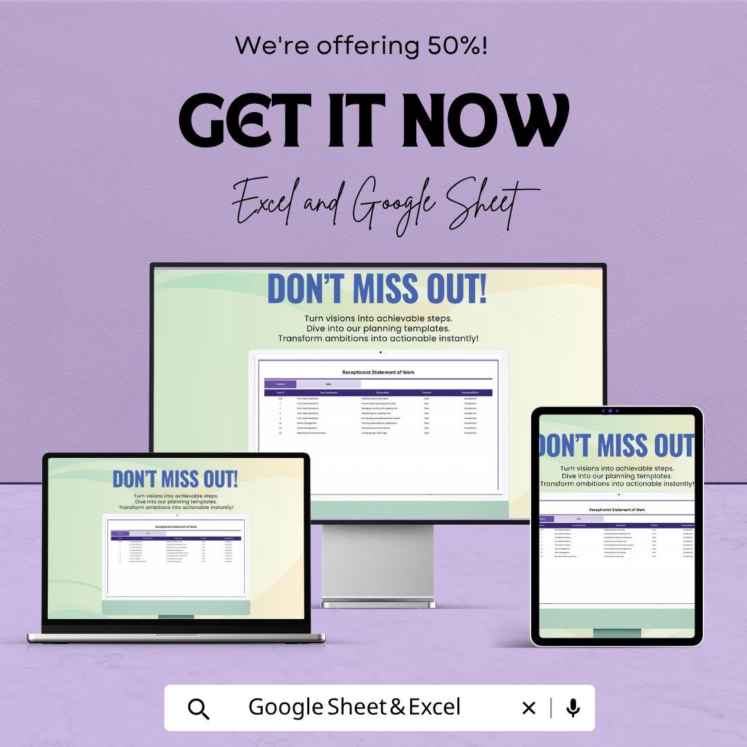 Receptionist Statement of Work Template | Admin Task Tracker Spreadsheet | Office Workflow Planner Template | Daily Task Management Sheet
