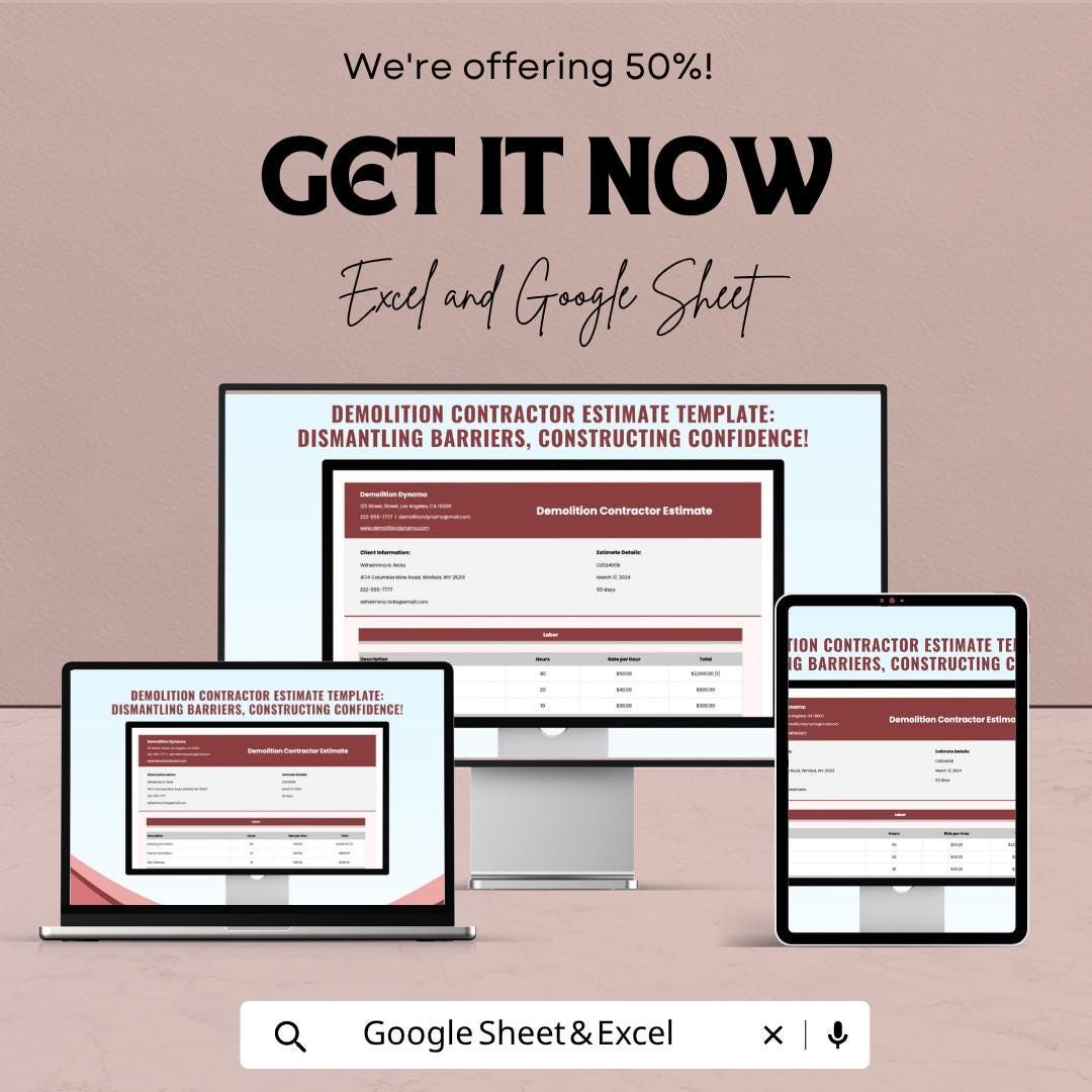 Demolition Estimate Template Excel | Contractor Estimate Spreadsheet | Construction Quote Template | Google Sheets Invoice | Project Cost