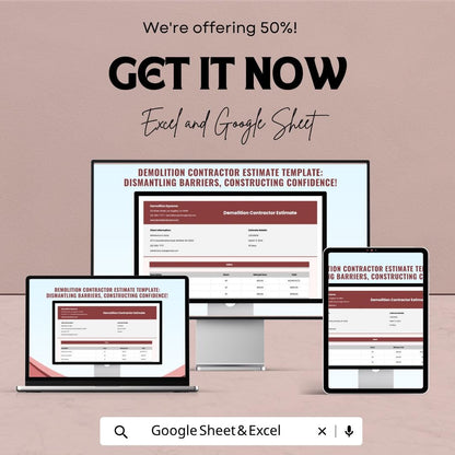 Demolition Estimate Template Excel | Contractor Estimate Spreadsheet | Construction Quote Template | Google Sheets Invoice | Project Cost