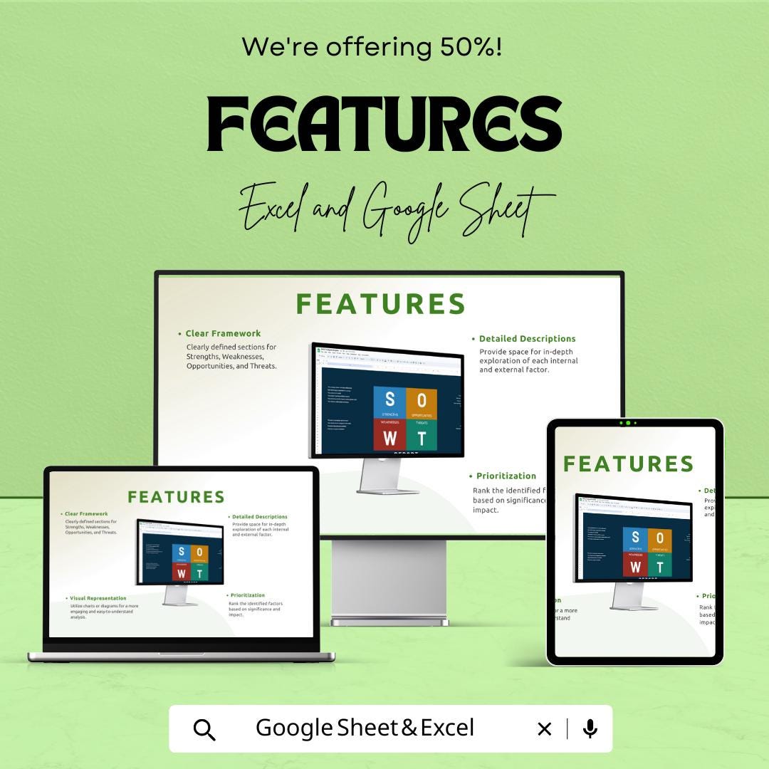 SWOT Analysis Template | Excel & Google Sheets | Business Strategy Planner | SWOT Matrix Dashboard | Strategic Planning Tool