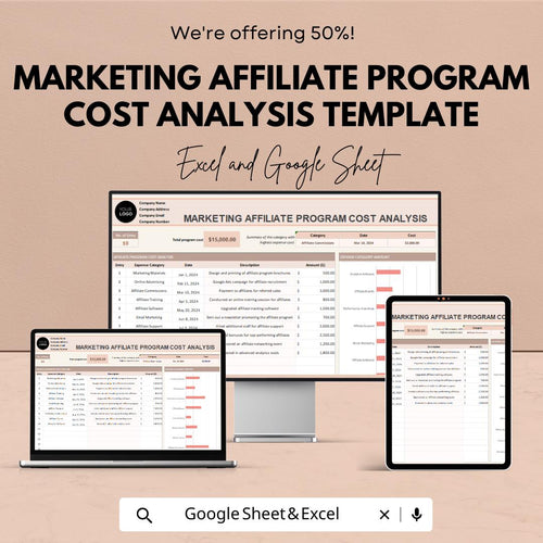 Marketing Affiliate Program Cost Analysis Template | Affiliate Expense Tracker | Marketing Cost Tracker | Affiliate ROI Analysis