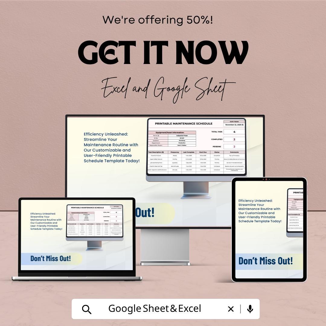 Printable Maintenance Schedule Template | Equipment Maintenance Log | Preventive Maintenance Checklist | Excel Google Sheets | Asset Tracker