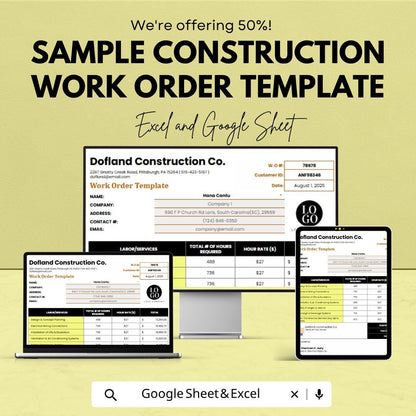 Sample Construction Work Order Template | Construction Work Order Spreadsheet | Contractor Job Order Form | Excel & Google Sheets