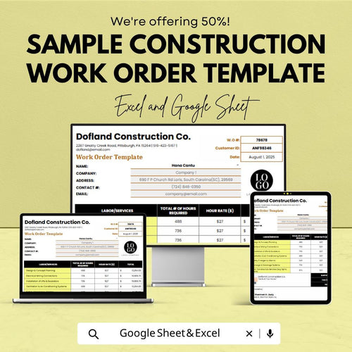 Sample Construction Work Order Template | Construction Work Order Spreadsheet | Contractor Job Order Form | Excel & Google Sheets