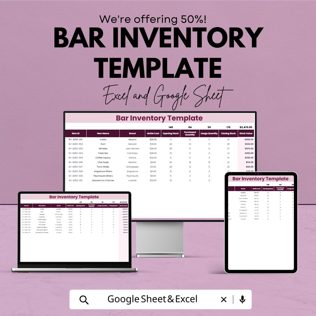 Bar Inventory Template | Excel and Google Sheets Bar Stock Management Spreadsheet | Liquor Inventory Tracker | Restaurant Inventory Sheet