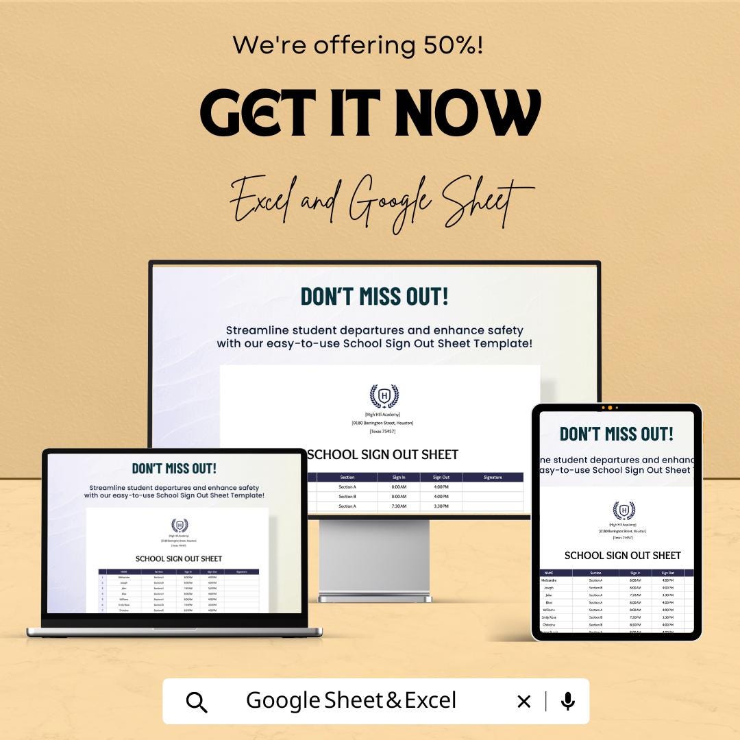 School Sign Out Sheet Template for Excel & Google Sheets | Instant Download | 50% Off | Track Student Departures with Ease