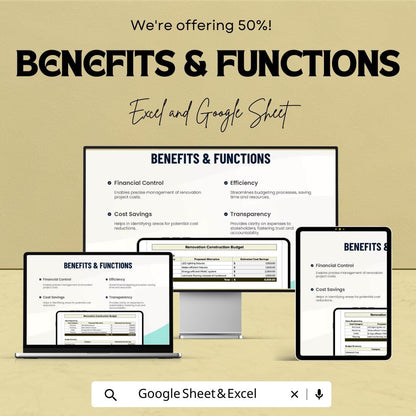 Renovation Construction Budget Template, Home Renovation Cost Tracker, Construction Budget Spreadsheet, Project Cost Planner