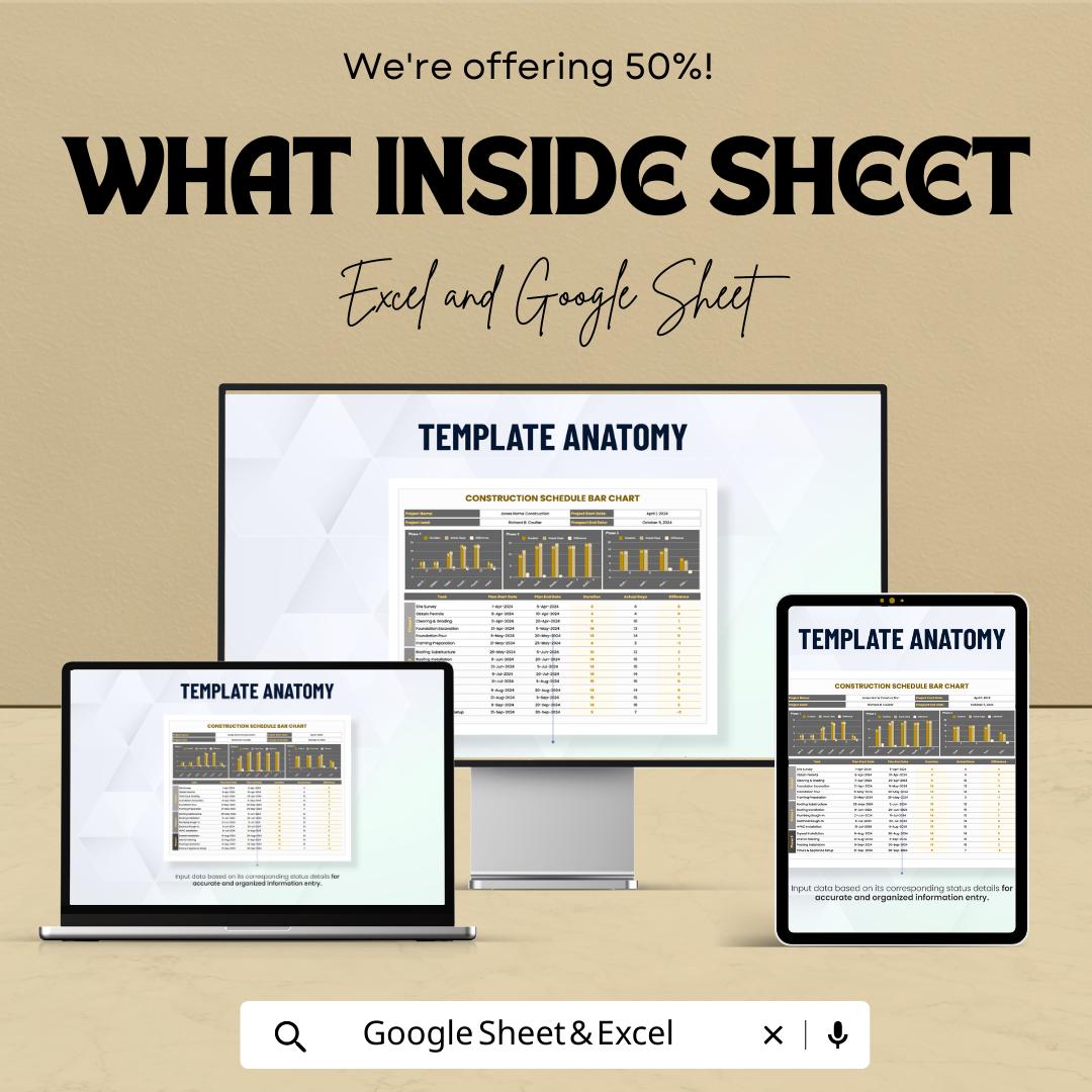 Construction Schedule Bar Chart Template | Project Timeline Planner | Gantt Style Tracker | Contractor Project Management Tool