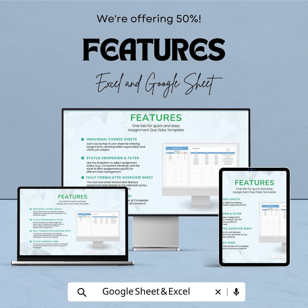 Assignment Due Date Template | Student Planner Spreadsheet | Homework Tracker | Excel & Google Sheets | Assignment Tracker Dashboard