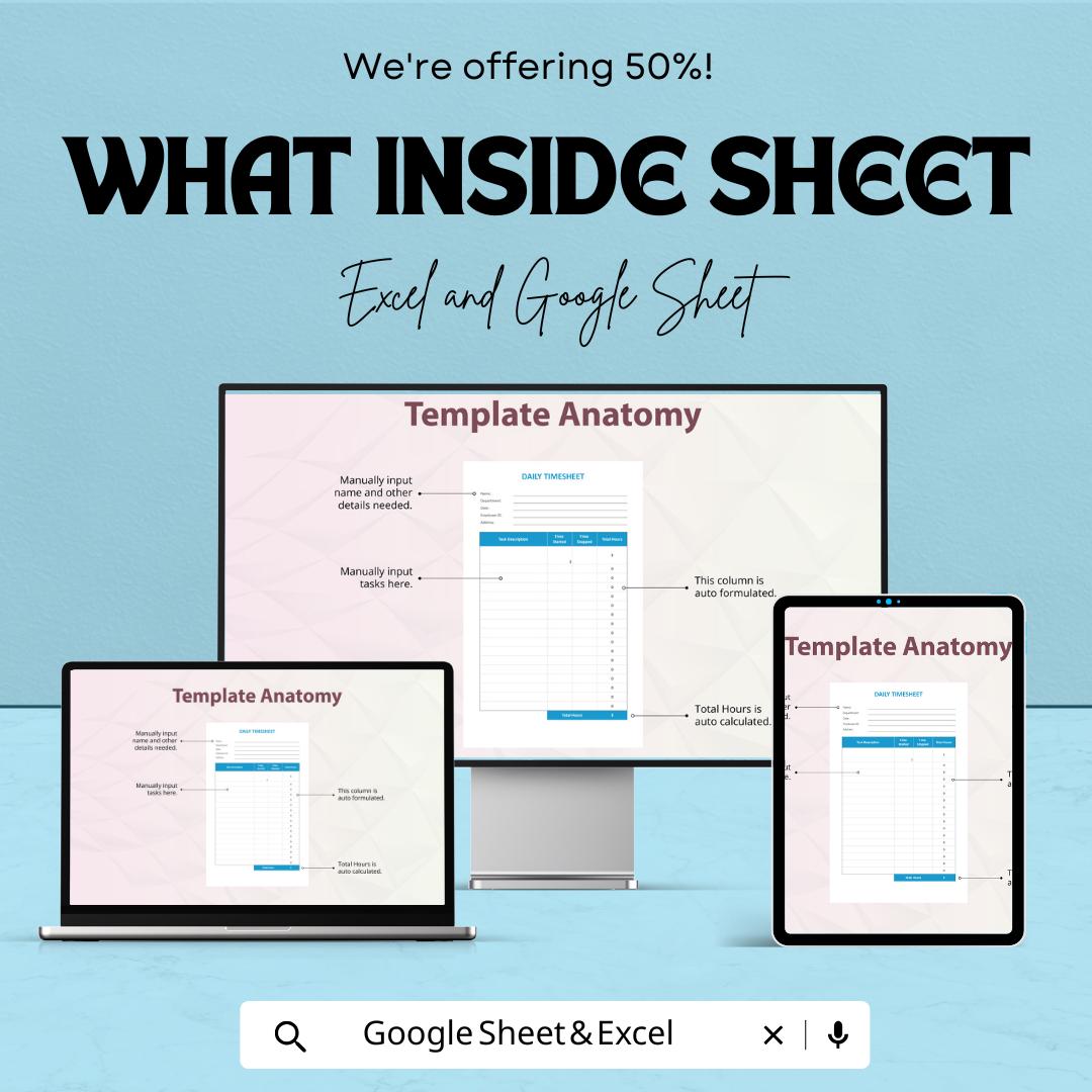Simple Daily Timesheet Template for Excel & Google Sheets | Time Tracking | Instant Download | 50% Off