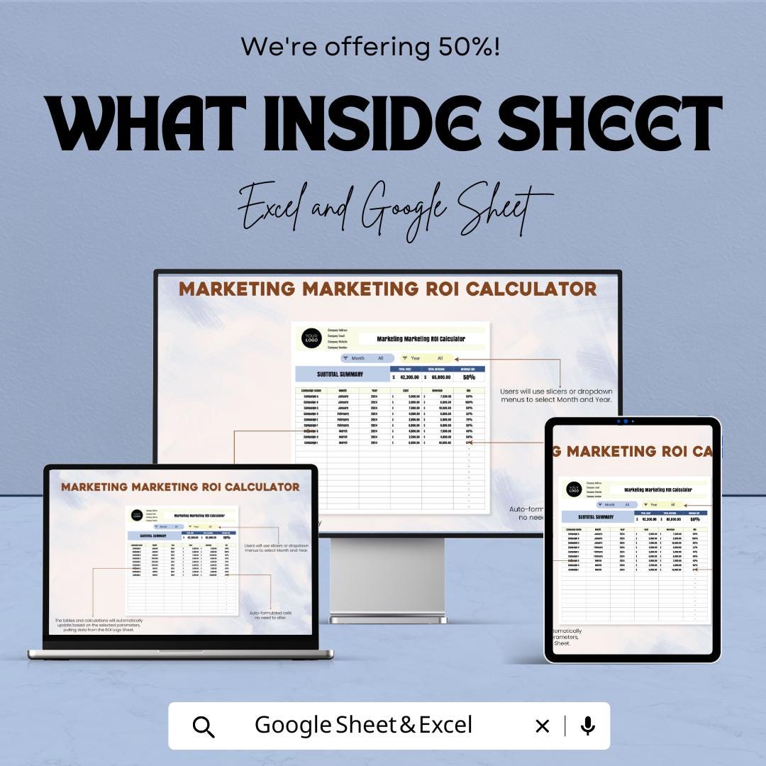 Marketing ROI Calculator Template | Marketing Budget Planner | ROI Tracker | Campaign Performance Analyzer | Business Finance Spreadsheet