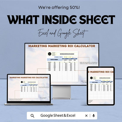 Marketing ROI Calculator Template | Marketing Budget Planner | ROI Tracker | Campaign Performance Analyzer | Business Finance Spreadsheet