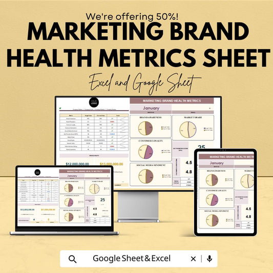 Marketing Brand Health Metrics Sheet - Excel and Google Sheets Template | Track Brand Awareness, Loyalty & Social Media Sentiment