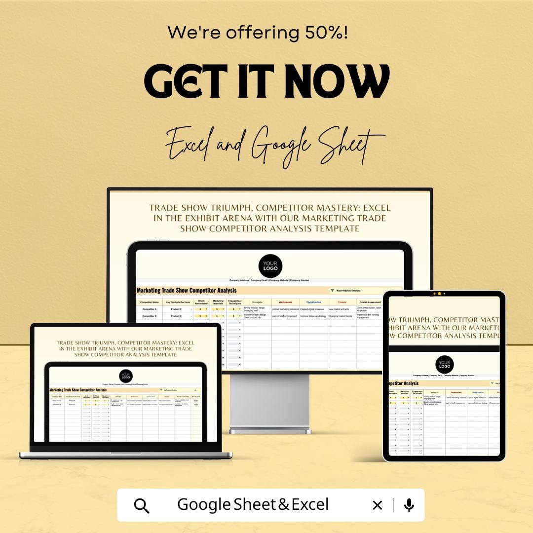 Marketing Trade Show Competitor Analysis Sheet | Excel & Google Sheets Template | 50% Off | Trade Show Analysis | Competitor Research Tool