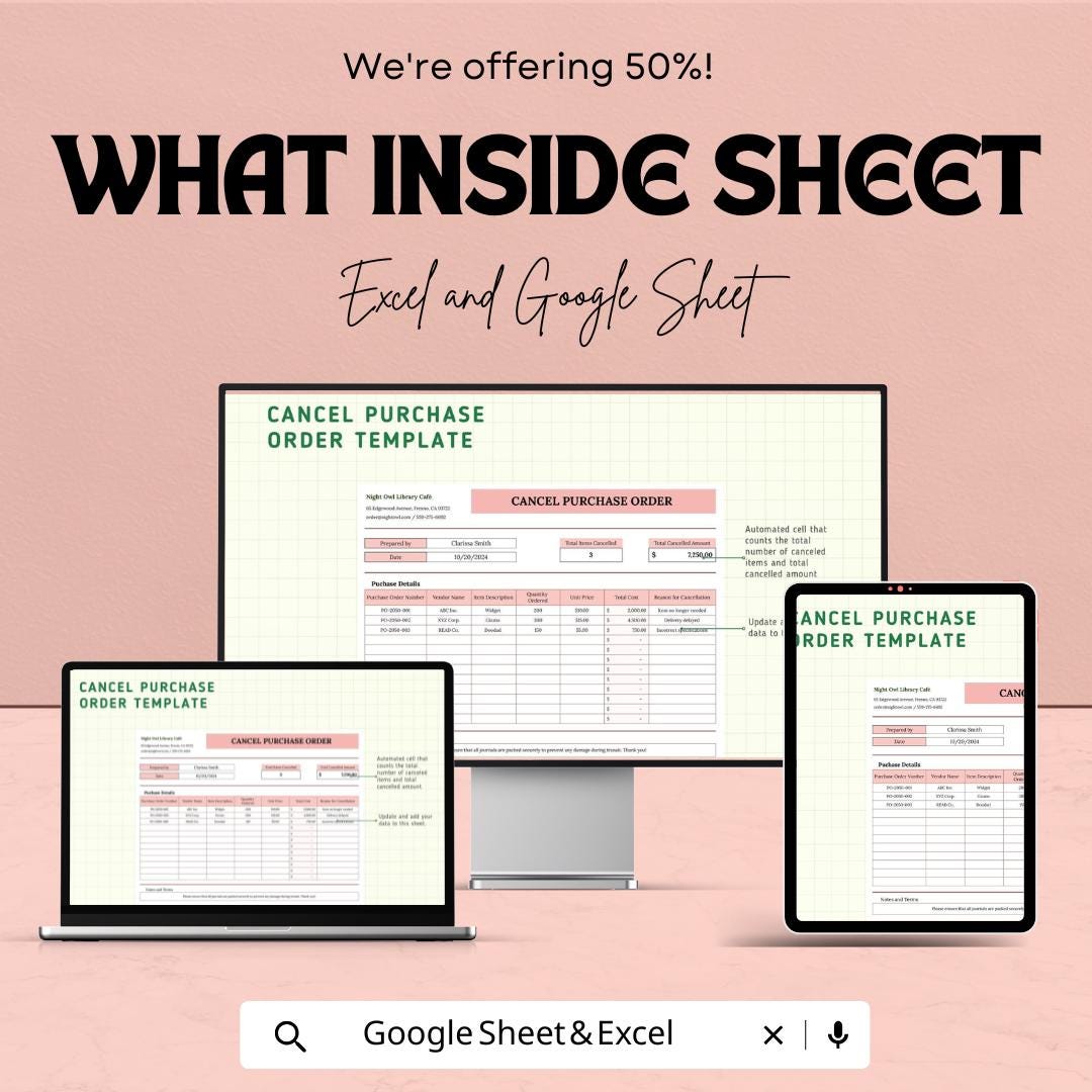 Cancel Purchase Order Sheet - Editable Excel & Google Sheet Template for Easy Order Cancellations