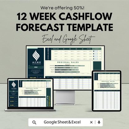12 Week Cashflow Forecast Template | Short-Term Cash Flow Planner Excel & Google Sheets | Weekly Cashflow Tracker | Business Budget Template