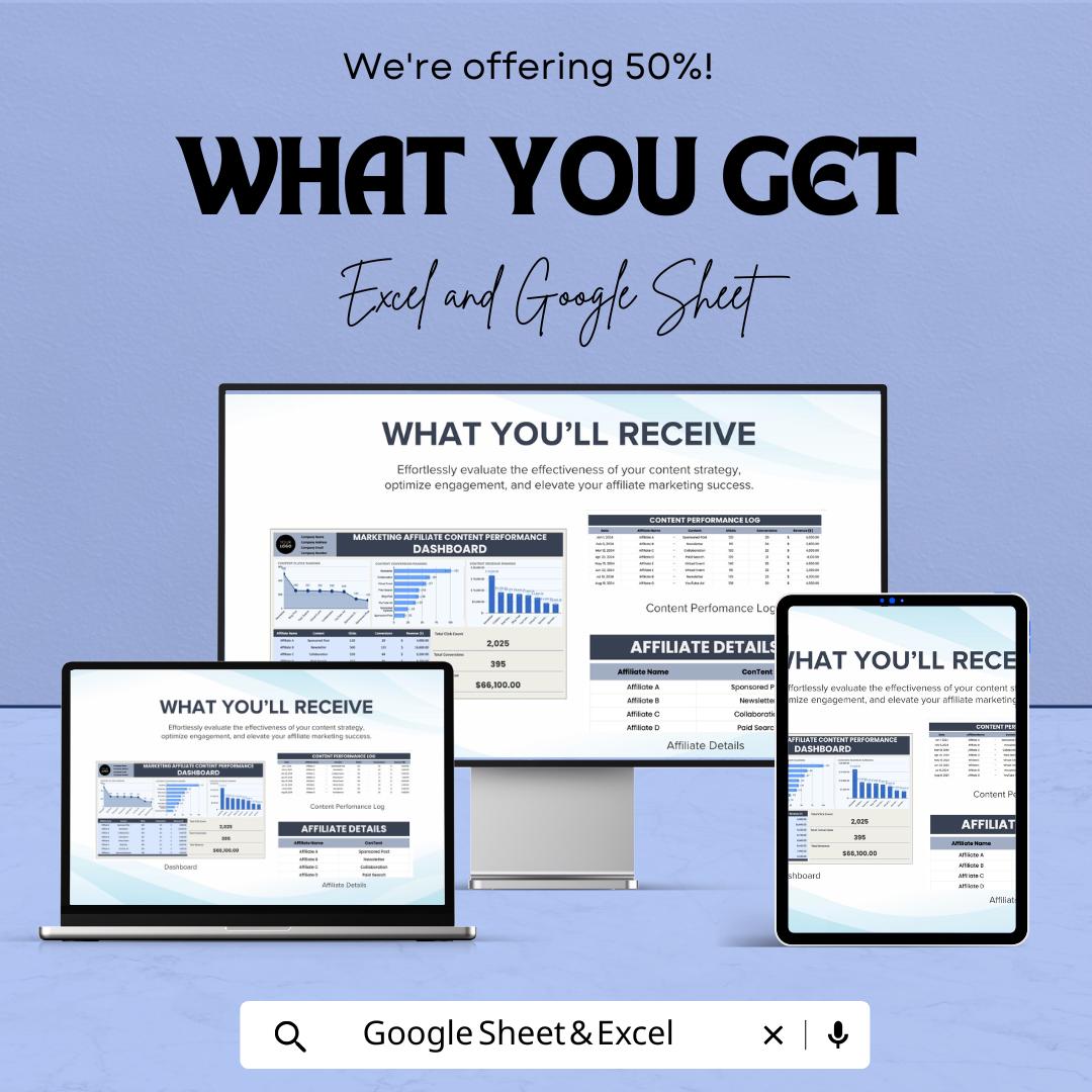 Marketing Affiliate Content Performance Dashboard | Track Clicks, Conversions and Revenue | Excel & Google Sheets | Digital Analytics Sheet