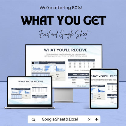 Marketing Affiliate Content Performance Dashboard | Track Clicks, Conversions and Revenue | Excel & Google Sheets | Digital Analytics Sheet